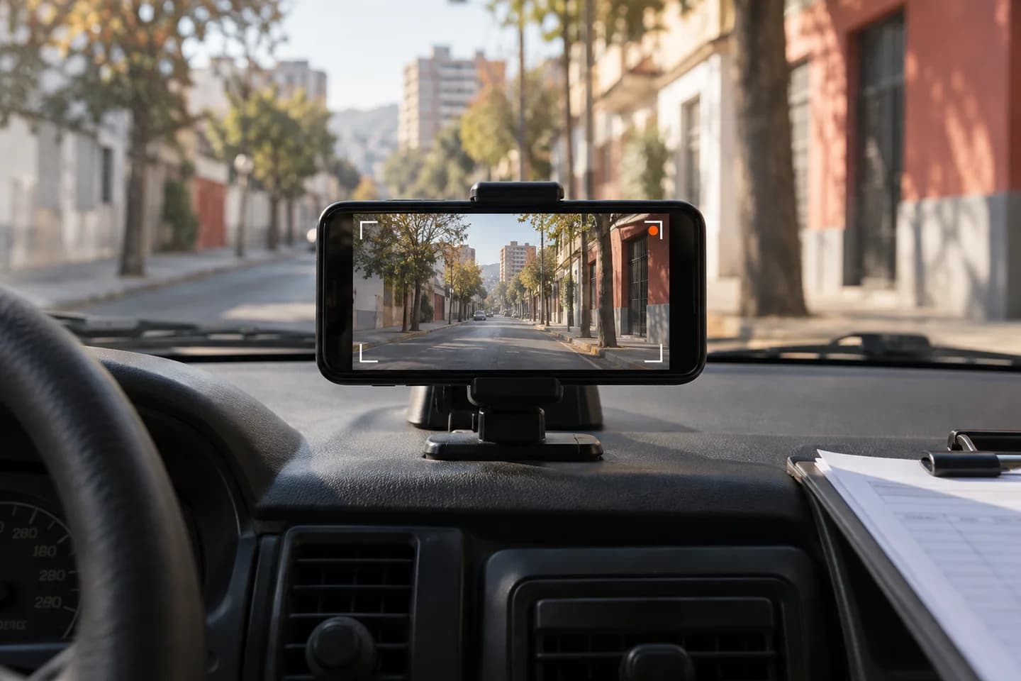 Celular sujeto a un soporte dentro de una camioneta estacionada, con vista de la calle.