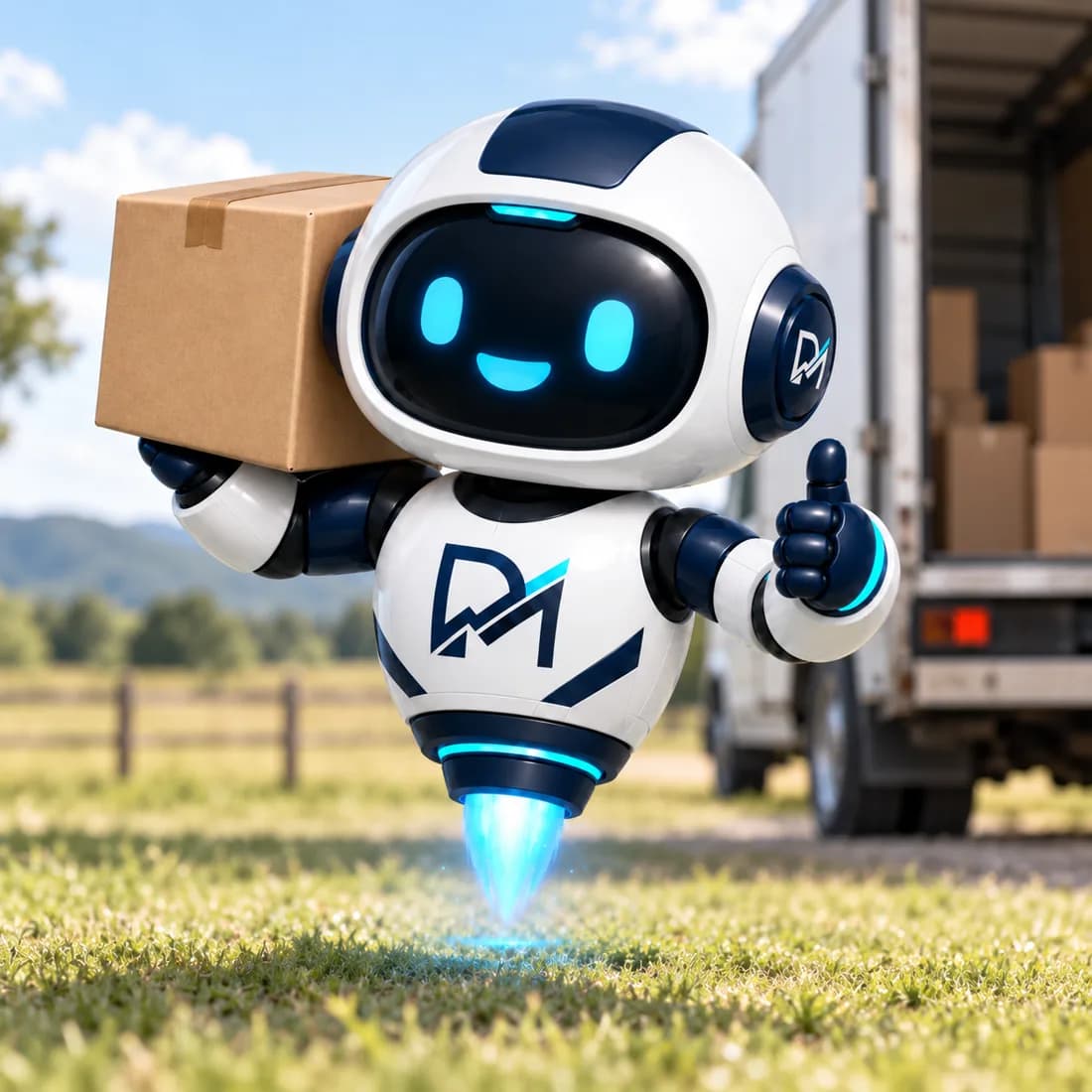 Michiva, el robot de Drometra, flota junto a un camión abierto con una caja al hombro y levanta el pulgar.