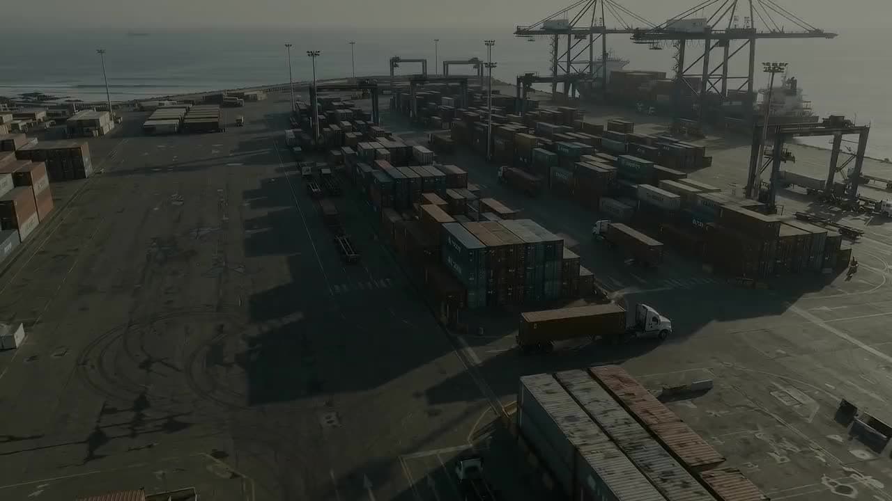 Vista aérea de una terminal de contenedores con grúas junto al mar