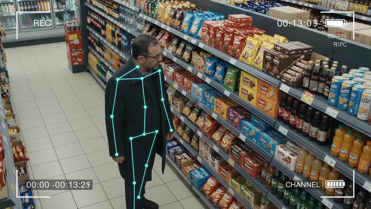 Roof camera in a supermarket hall: a customer with the points of his body marked.