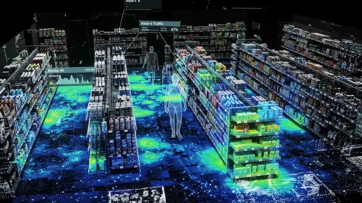 3D twin of a shop made of points, with the colorful floor where people pass.