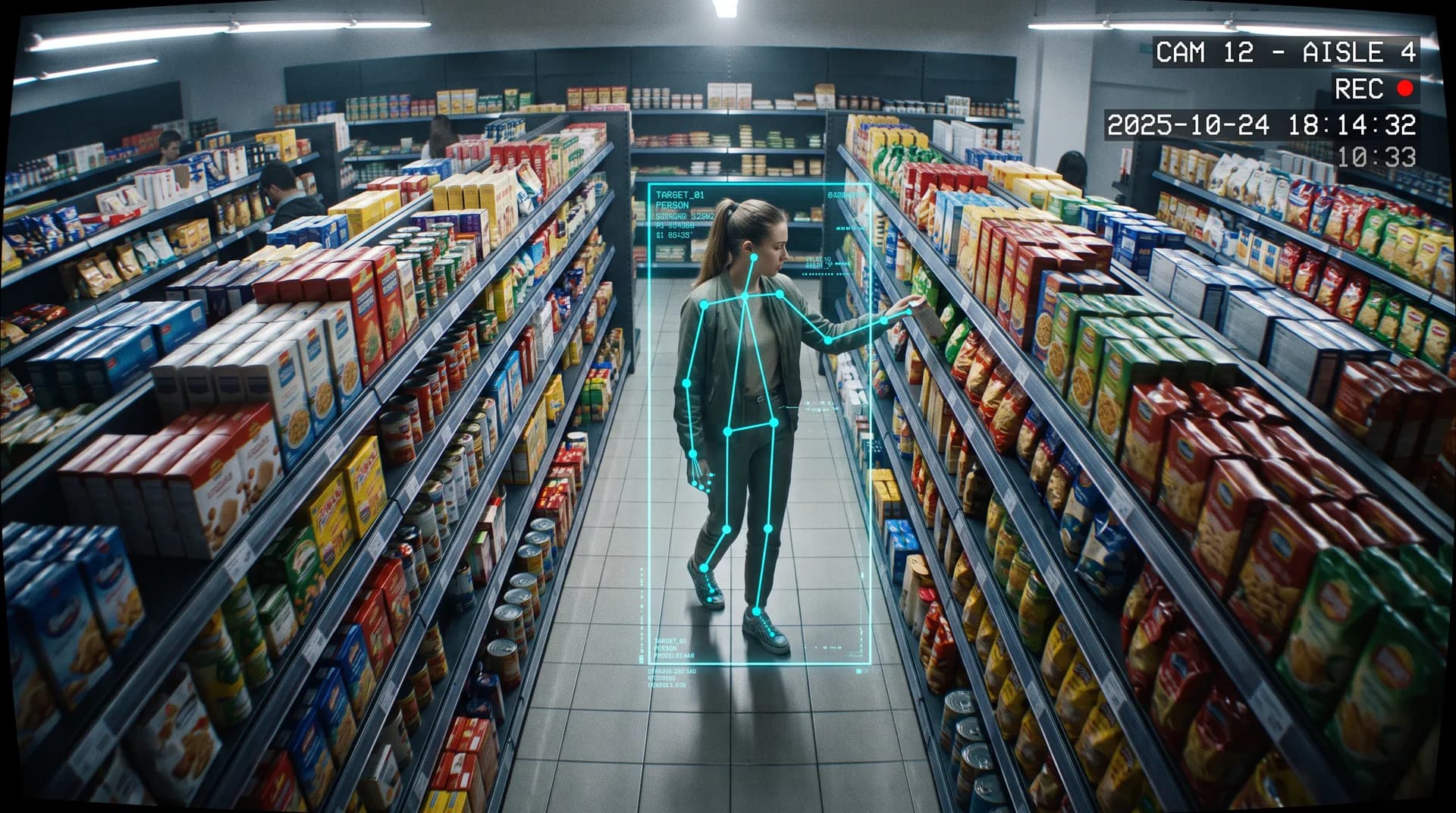 Room 12 of the 4-aisle of a supermarket: a customer with the points of his body marked takes a product from the gondola.