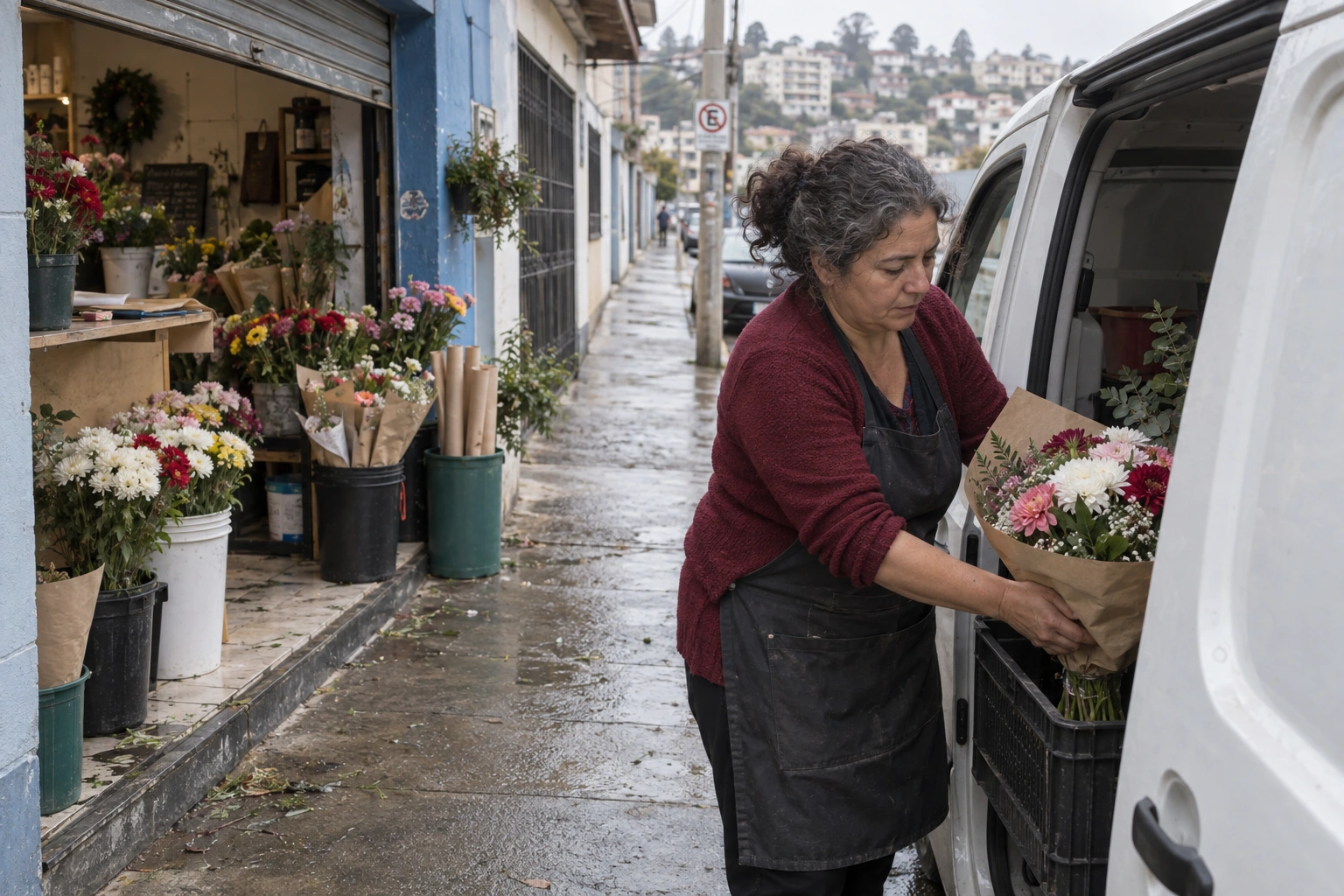 Florista cargando un ramo frente a un local de barrio, en una mañana nublada.