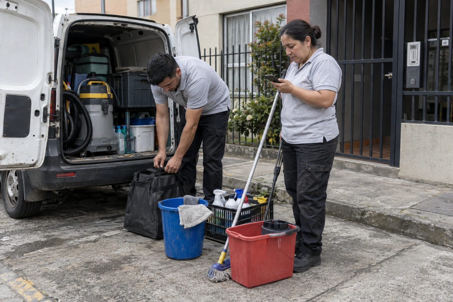 Equipo de limpieza revisando sus implementos junto a un vehículo de servicio y la entrada de un edificio.