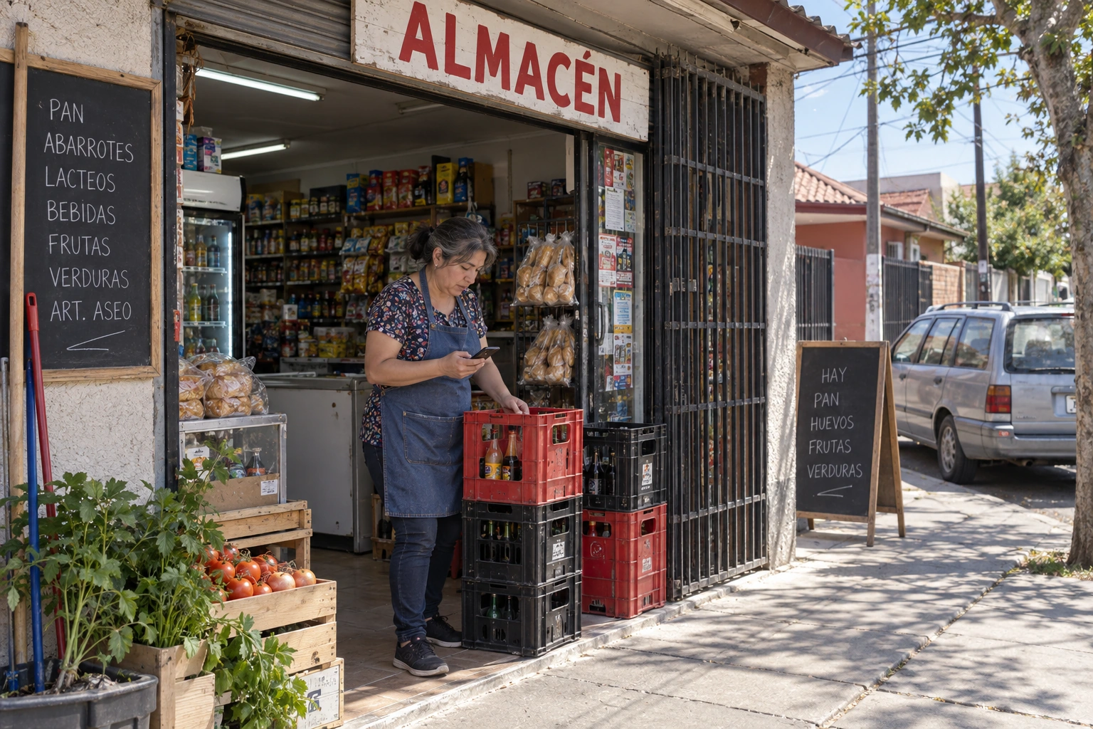 Encargada de un almacén de barrio revisando un pedido junto a cajas retornables.