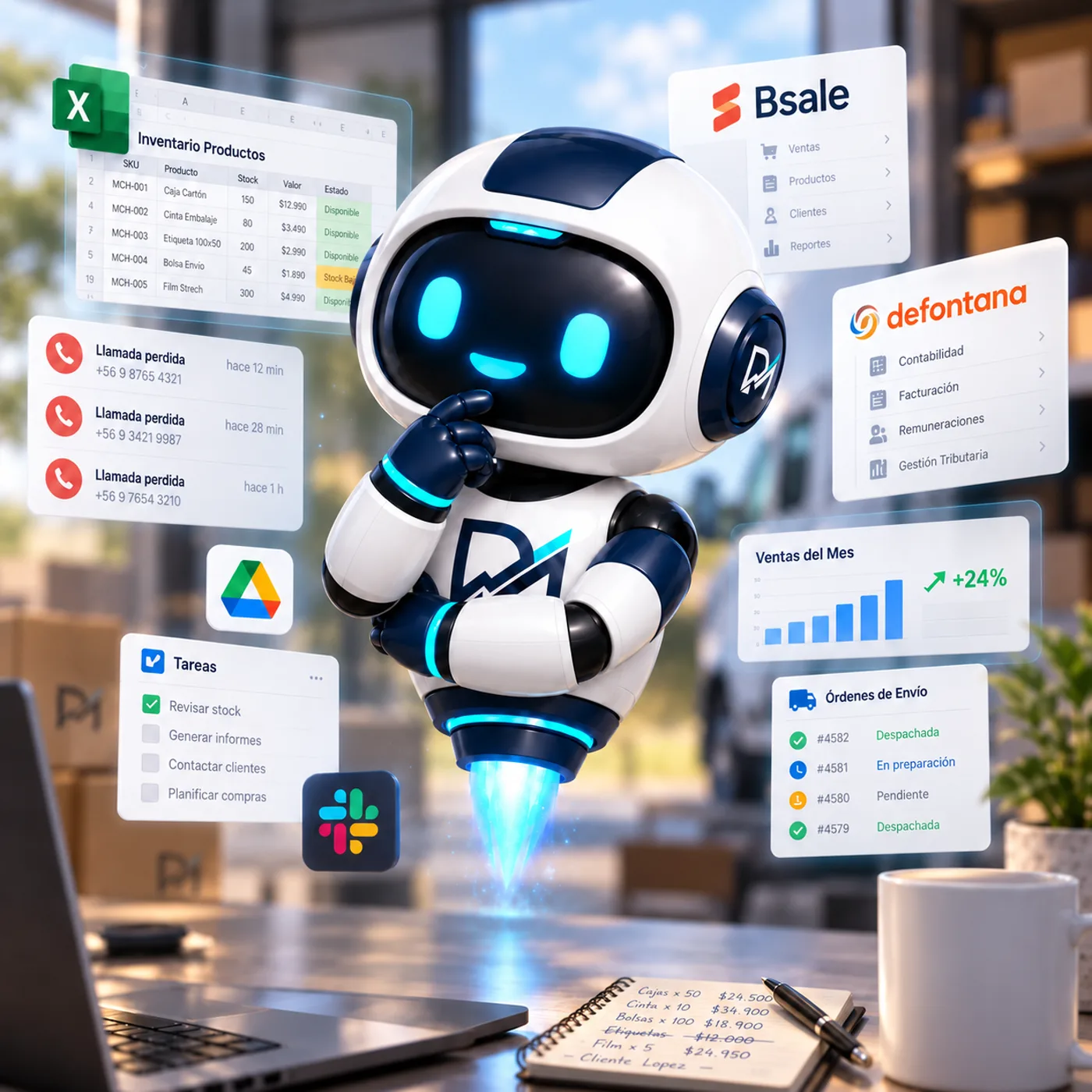Michiva, el robot de Drometra, piensa con la mano en el mentón entre ventanas de Excel, Bsale, Defontana, llamadas perdidas, tareas y órdenes de envío.