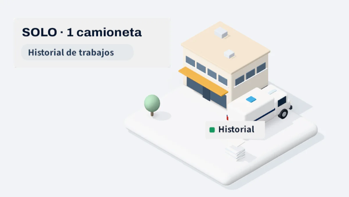 La base con una camioneta y el panel «SOLO · 1 camioneta» con su historial de trabajos.
