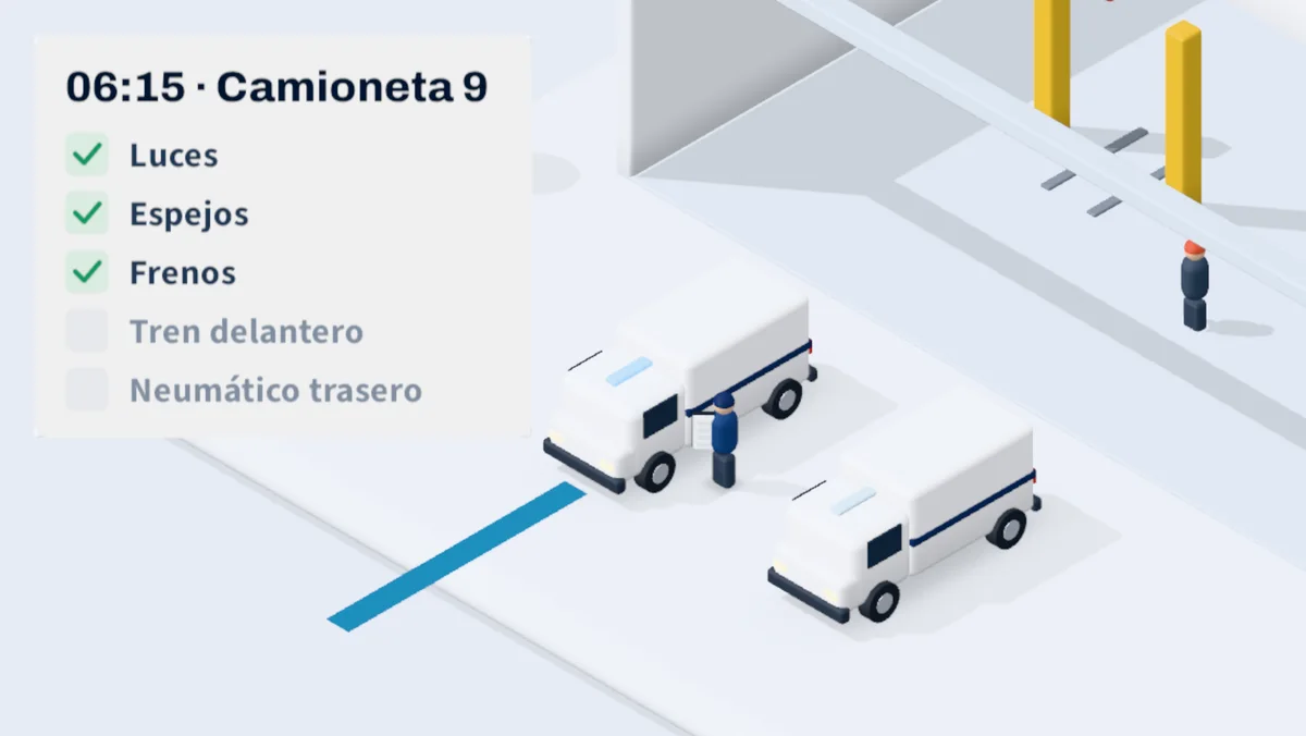 Lista «06:15 · Camioneta 9» con luces, espejos y frenos revisados, junto a las camionetas en el patio.