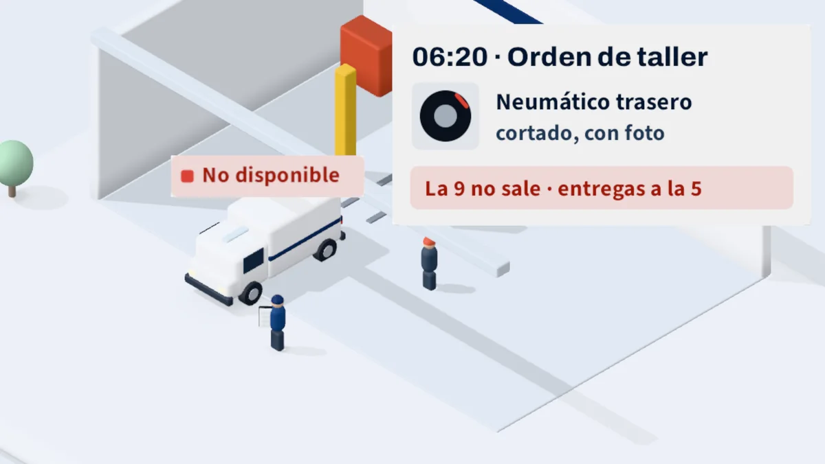 Orden de taller de las 06:20 con la foto del neumático trasero cortado; la camioneta 9 queda no disponible y sus entregas pasan a la 5.
