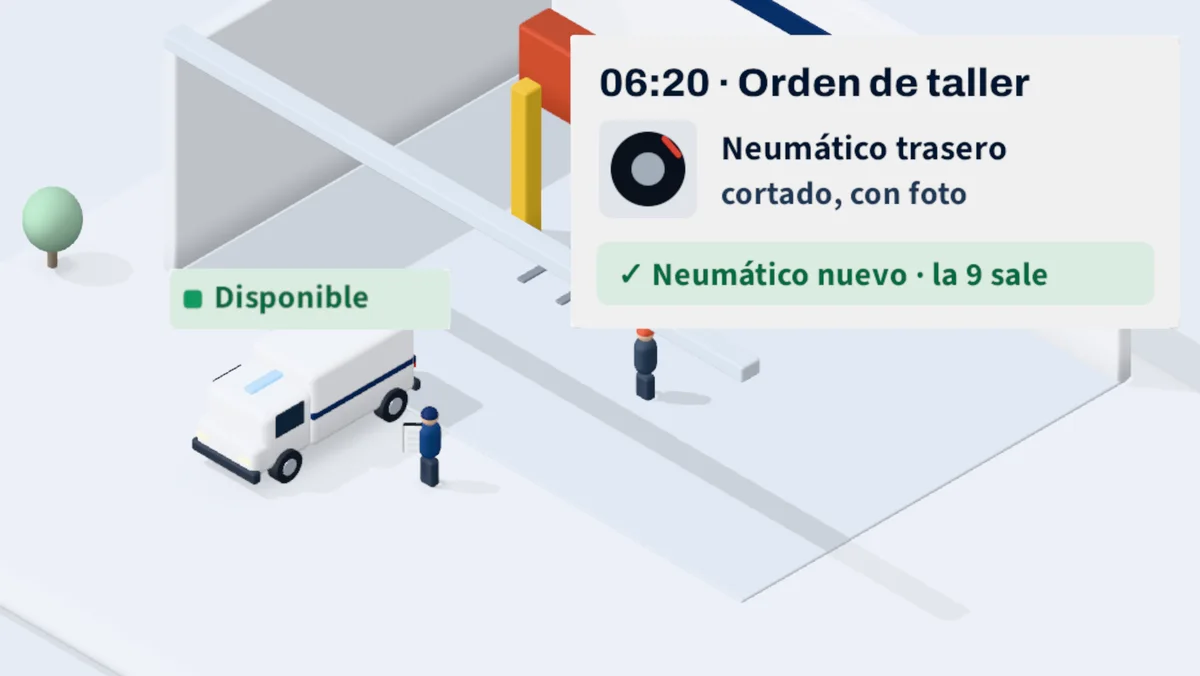 Orden cerrada con «Neumático nuevo, la 9 sale» y la camioneta disponible otra vez en el patio.