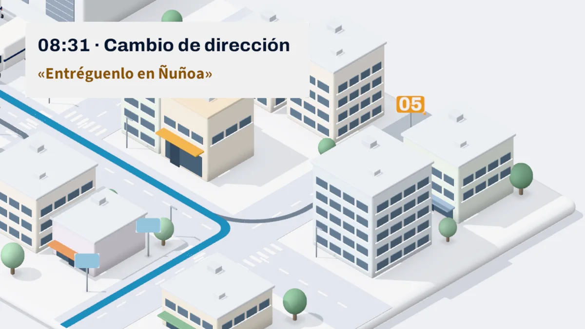 Panel «08:31 · Cambio de dirección: Entréguenlo en Ñuñoa» sobre la ruta azul y la parada 05.