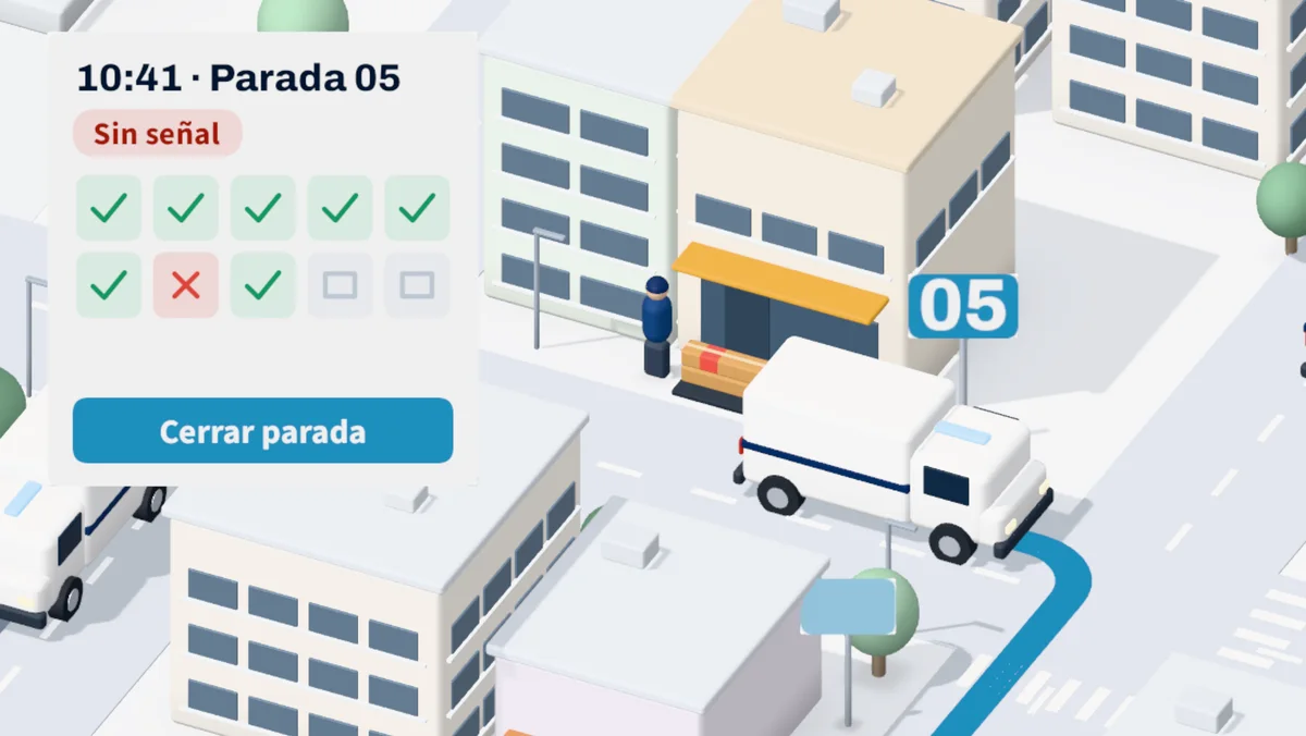 Teléfono con la parada 05 a las 10:41, sin señal y con las cajas marcadas una por una, frente a la camioneta en la puerta del cliente.