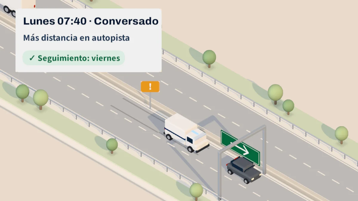 Nota «Lunes 07:40 · Conversado: más distancia en autopista», con seguimiento el viernes.