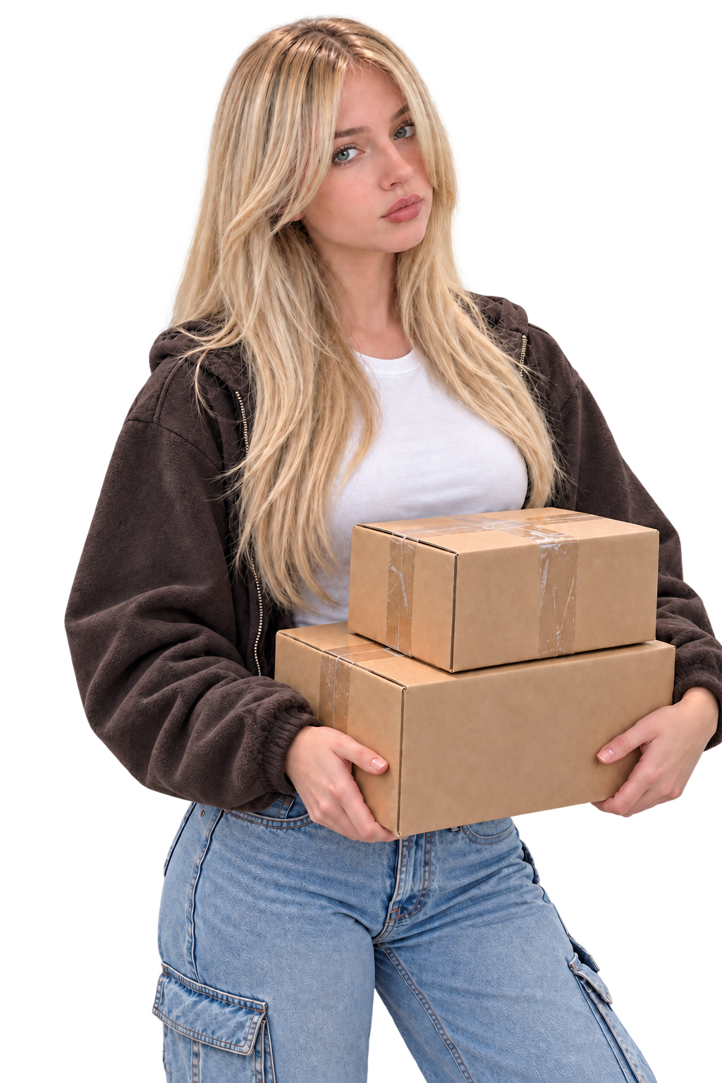 Encargada de un pequeño negocio sosteniendo dos cajas listas para entregar.